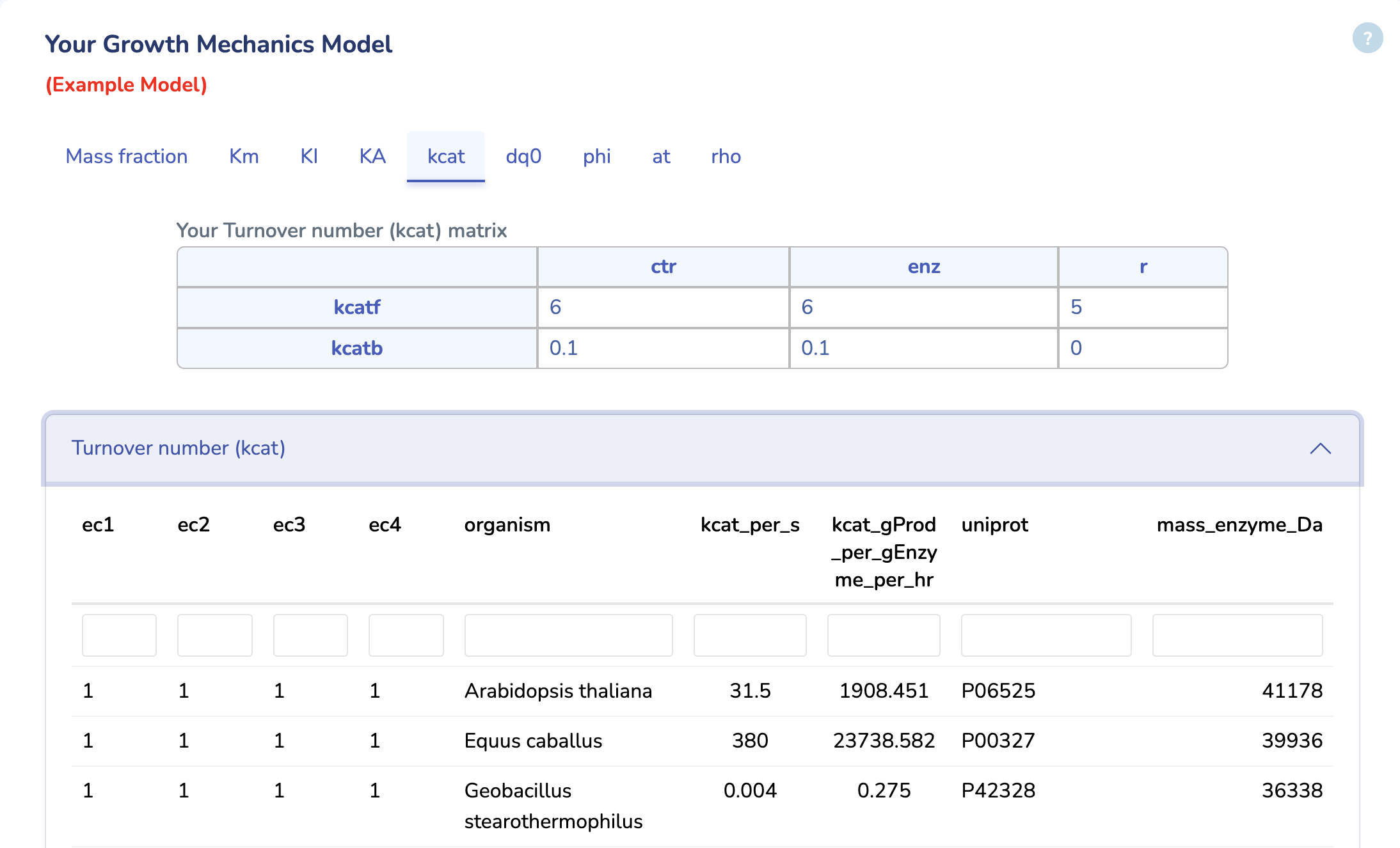 Example of kcat Matrix
